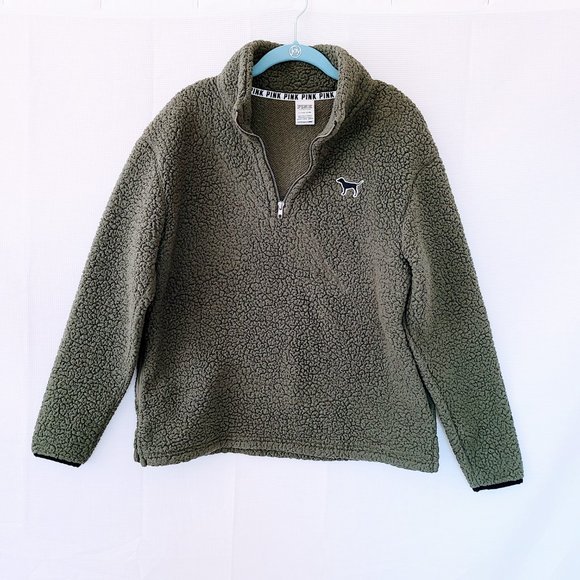 Victoria's Secret PINK Dark Green Fluffy Boyfriend Quarter Zip Pullover Sweater - Picture 5 of 10